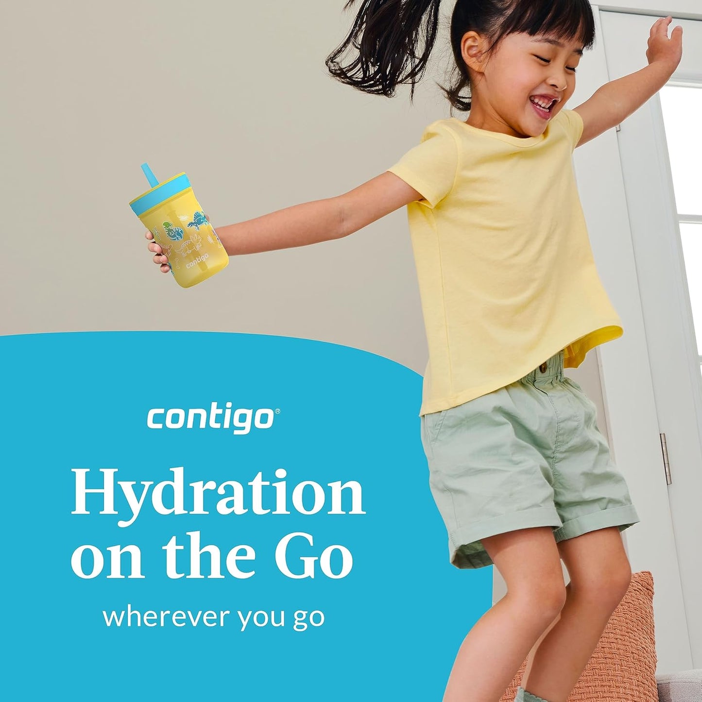 Contigo Kids’ Leighton Straw Tumbler with Spill-Proof Leak-Proof Lid 14oz Pineapple/Dinos (Pack of 4)