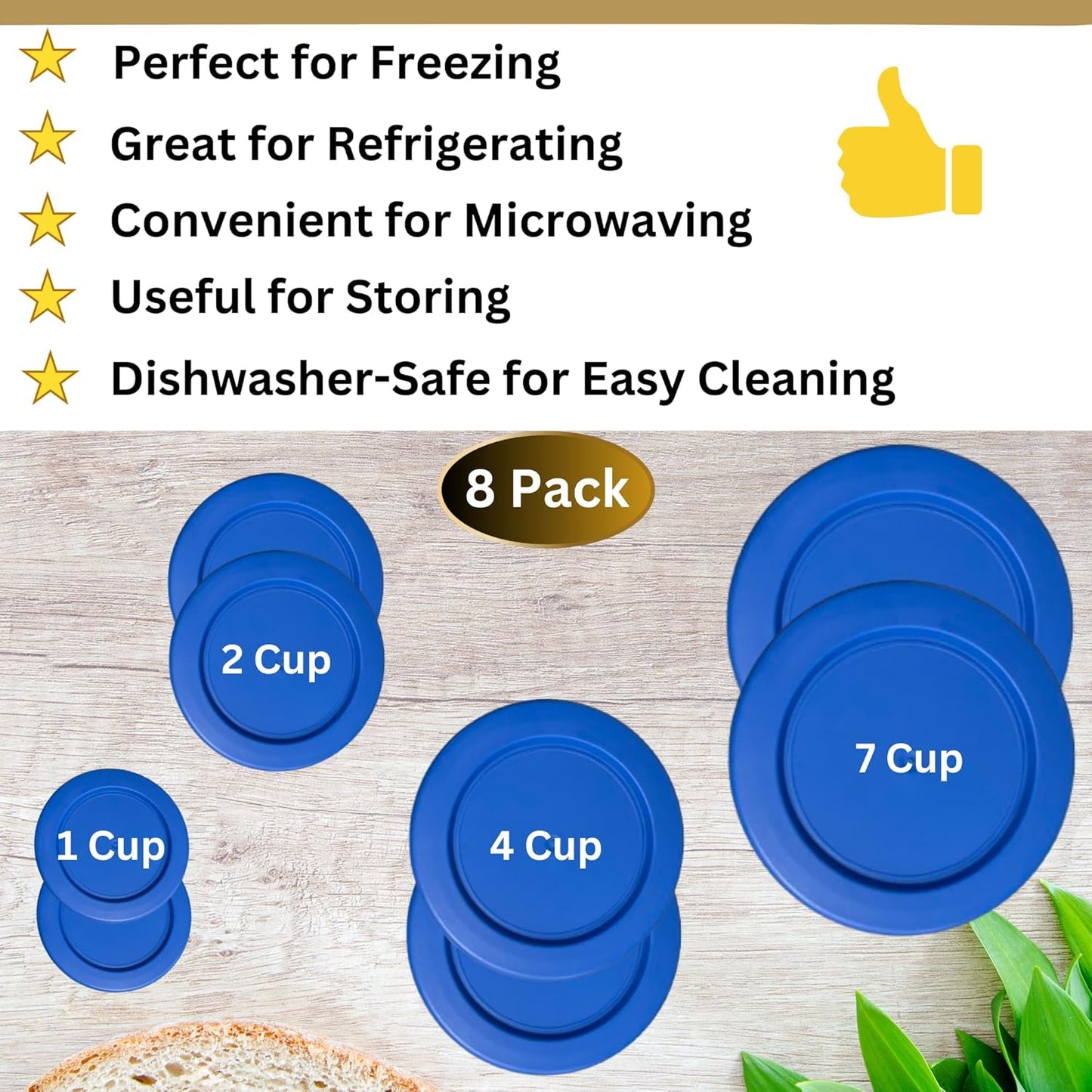 1, 2, 4 & 7 Cup Blue Replacement Lids/Covers for Pyrex, Anchor Hocking & KlareWare Storage Bowls *Lids Only Glass Container Not Included* (8 Pack *Two of Each Size*)