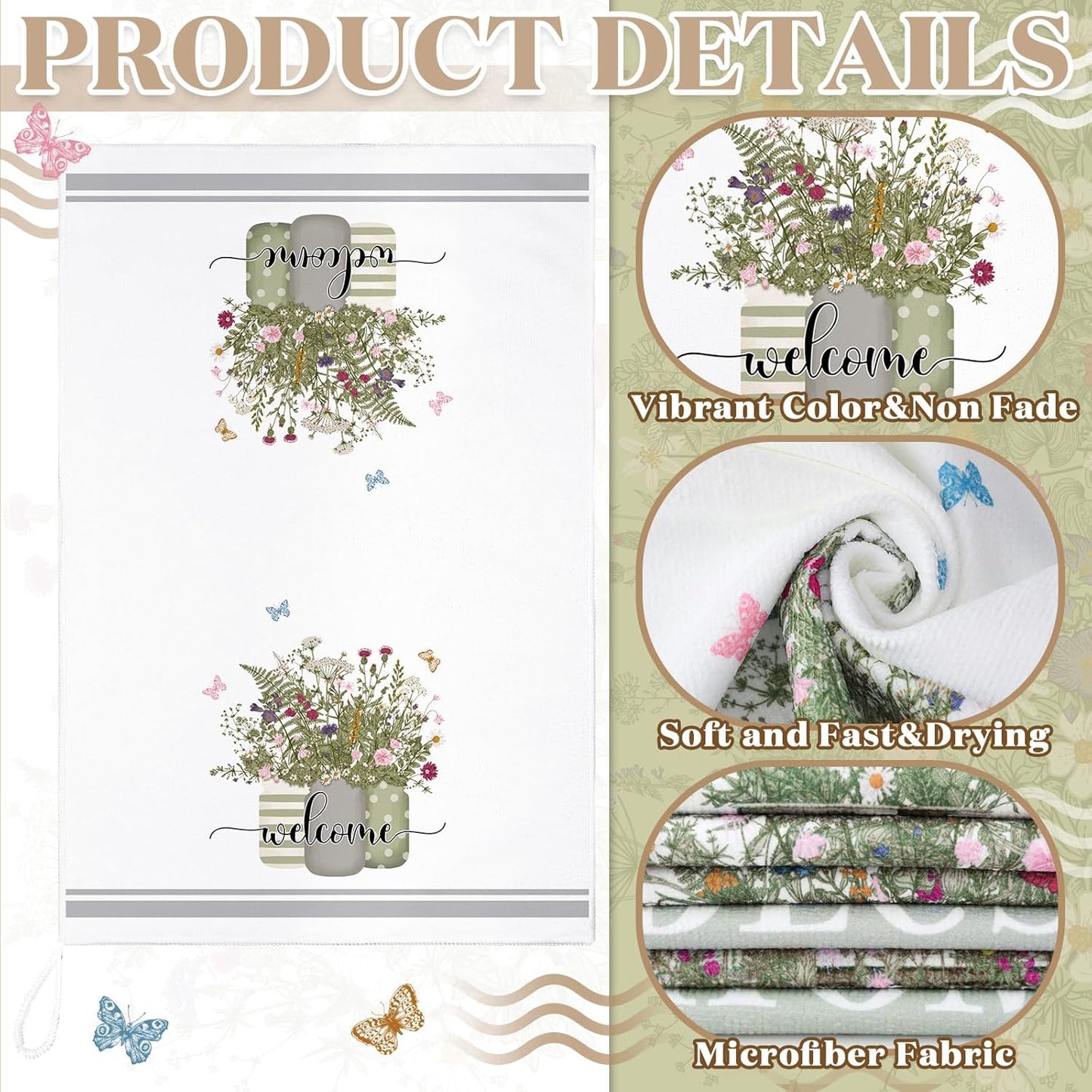 Boyiee Set of 6 Floral Kitchen Towels Wildflower Dish Towels Butterfly Truck Tea Towels 24 x 16 Inches Absorbent Hand Towels Flower Lover Housewarming Gifts for Farmhouse Kitchen Bathroom Decorations