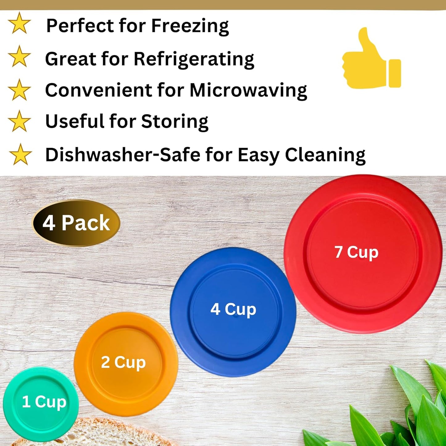 1, 2, 4 & 7 Cup Green, Orange, Blue, Red Replacement Lids/Covers for Pyrex, Anchor Hocking & KlareWare Storage Bowls *Lids Only Glass Container Not Included* (4 Pack *One of Each Size*)