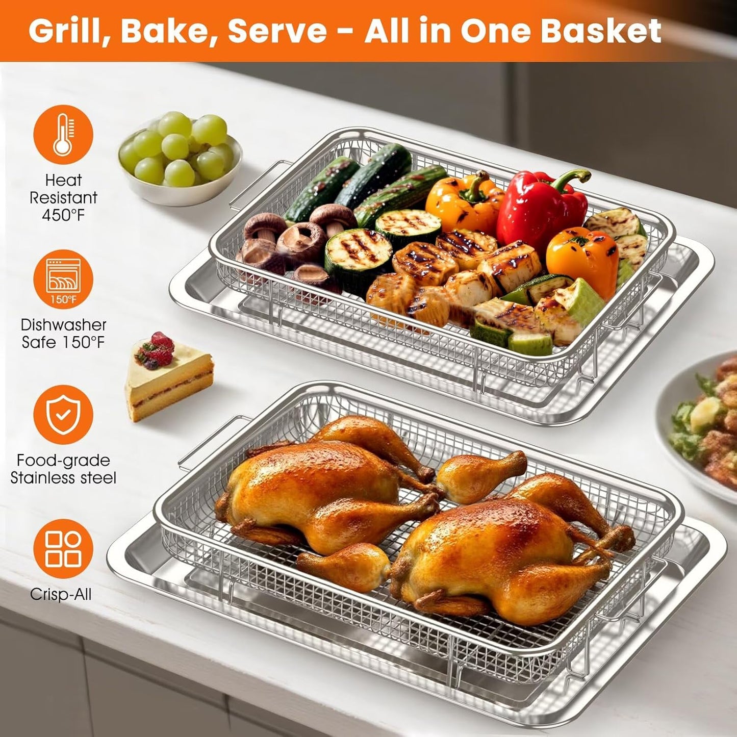 Air Fryer Basket for Oven, 2 Set Stainless Steel Pan & Crisper Tray (15"x11" &12.8"x9.7") with 60 Parchment Papers, Family-Size Non-Stick Oven Basket for Baking Chicken, Fries, Dishwasher Safe