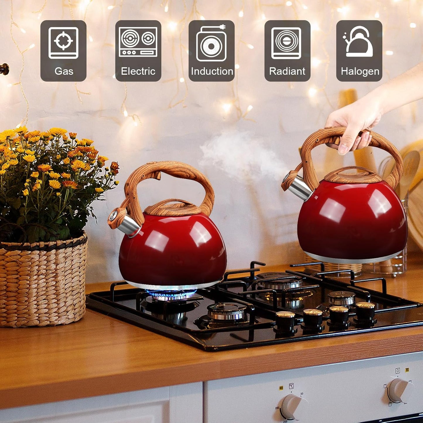 GGC Tea Kettle for Stove Top, 3.1QT/3L Whistling Tea Kettles for Boiling Water Coffee or Milk, Gradient Red Pot with Wood Parttern Handle, Stainless Steel Kettle Pot for Home and Kitchen