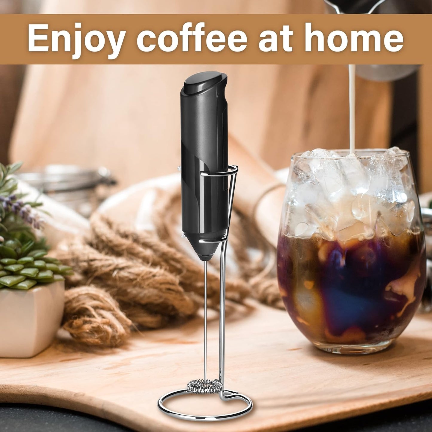 YSSOA Electric Milk Frother Handheld with Stainless Steel Stand Battery Operated Whisk Drink Mixer for Coffee, Frappe, Latte, Matcha, Black (Handheld, Black)
