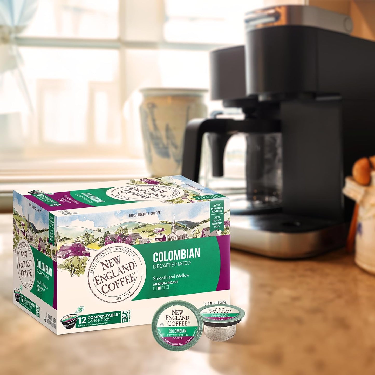 New England Coffee Colombian Decaffeinated Medium Roast Single Serve Pods, 12ct Box (Pack of 1)