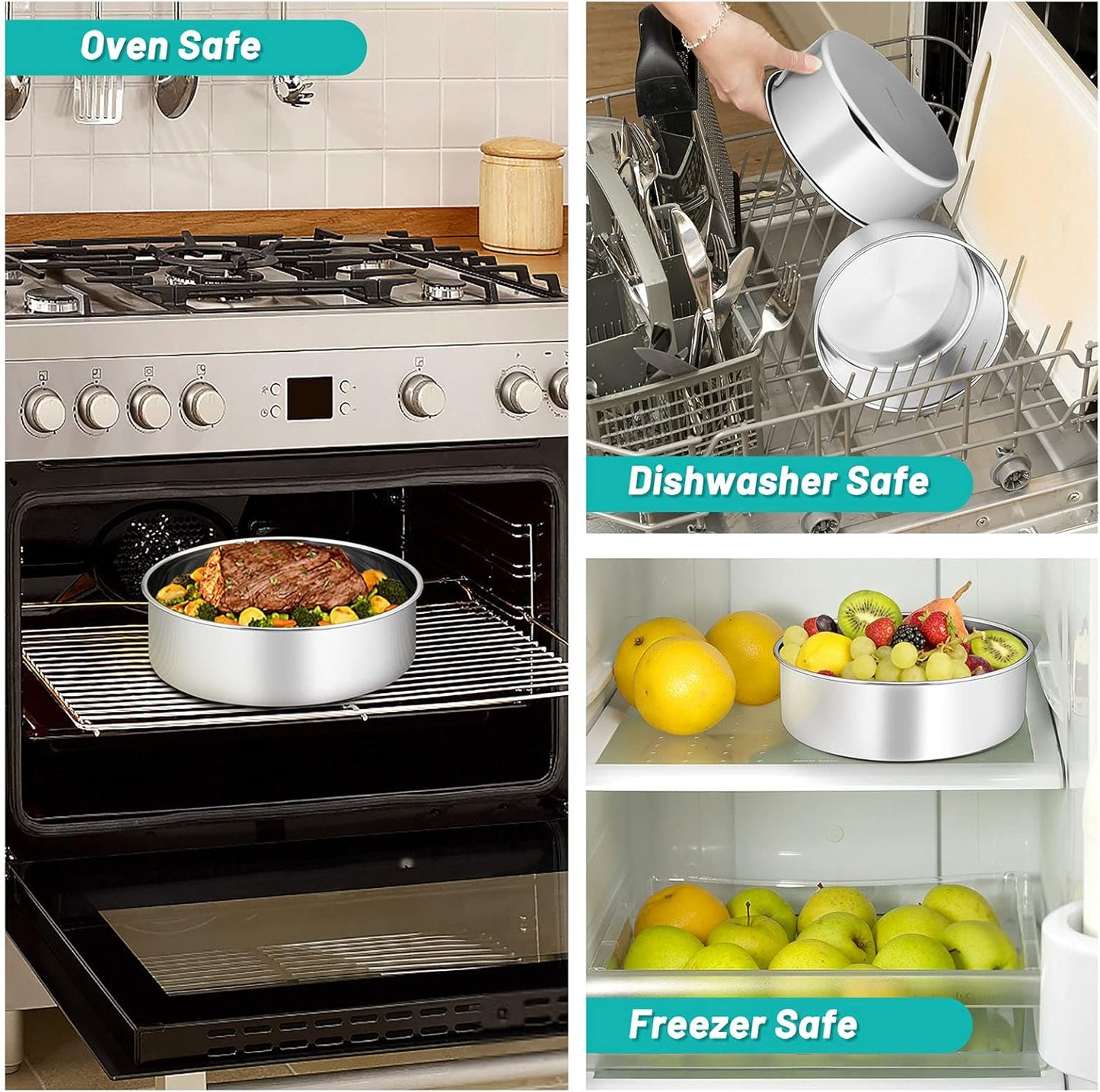 TeamFar Cake Pans, 8 Inch Stainless Steel Round Tier Baking Cake Pan for Birthday Wedding Anniversary Party Cake, Non-Toxic & Sturdy, 3 Inch Deep & Straight Side, Dishwasher Safe-Set of 3