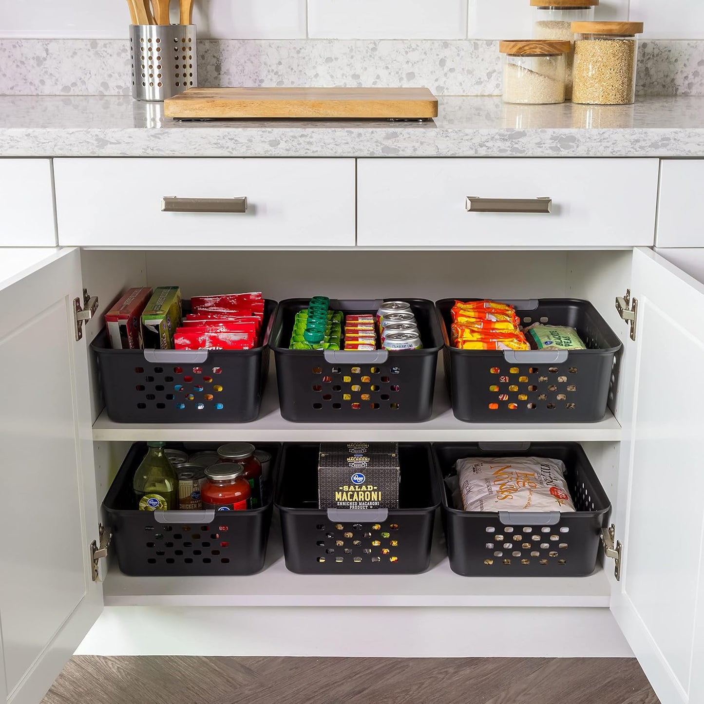 IRIS USA Plastic Basket, 6-Pack, Medium, Shelves Storage Basket for Organizing Pantry, Cabinet, Bedroom, Closet, Laundry Room, Office, Black