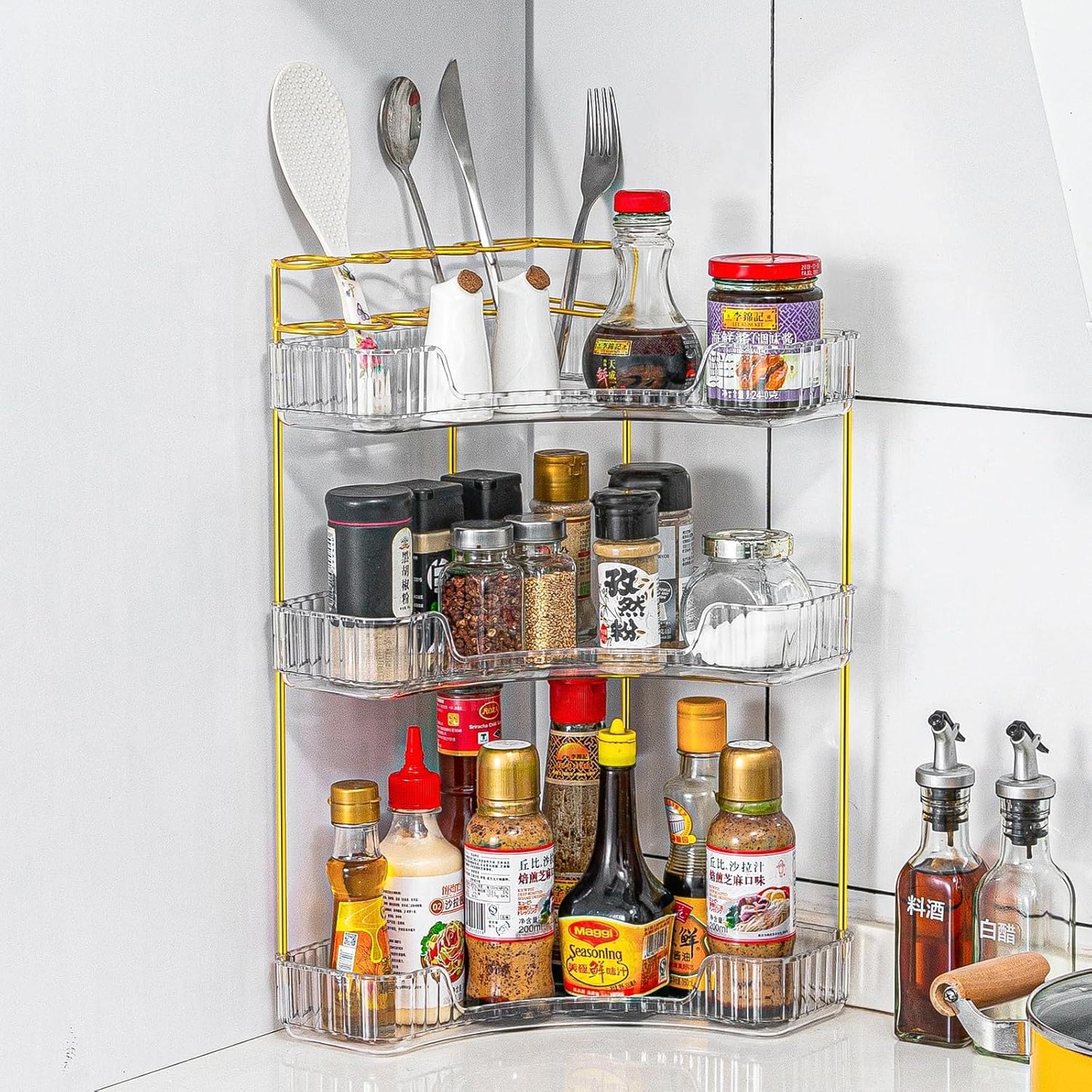 Upgraded 3-Tier Corner Bathroom Countertop Organizer – Spacious Storage for Makeup, Skincare & Perfumes, Built-in Brush Holder Fits Vanity/Dresser/Bsthtub (Classic White)