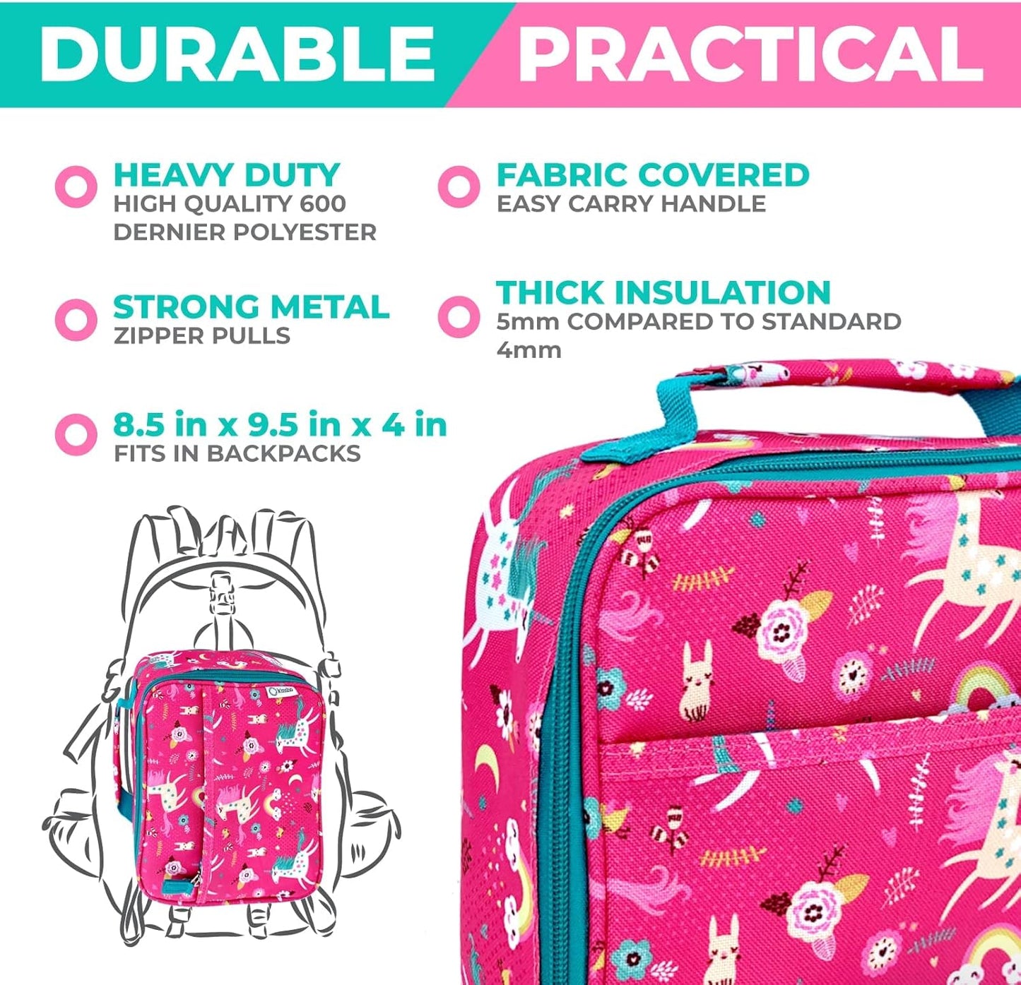 Bento Lunch Box with Insulated Bag, Water Bottle Ice Pack Set for Kids Toddlers, 5 Portion Sections, BPA Free Removable Tray, Pre-School Kid Toddler Daycare Lunches, Snack Container, Pink Unicorn