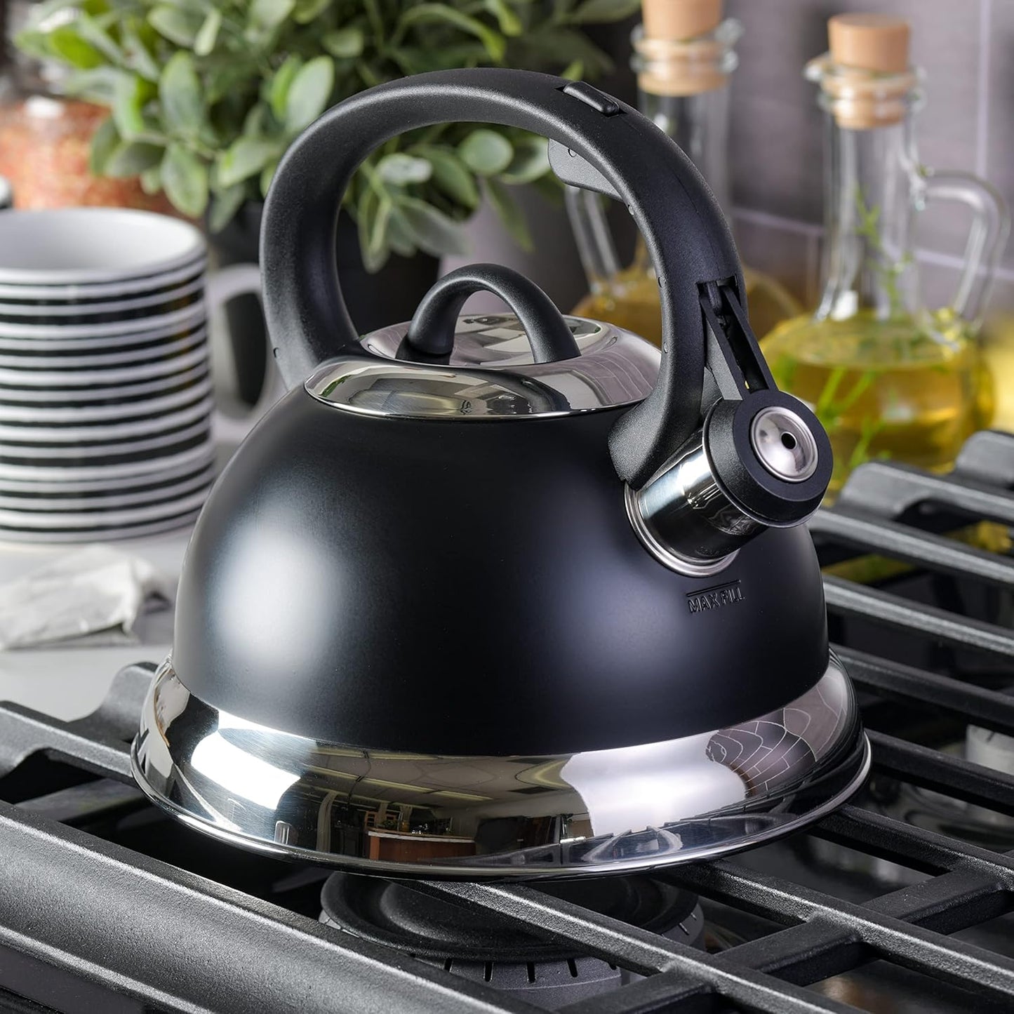 Mr. Coffee Flintshire 1.75-Quart Stainless Steel Whistling Tea Kettle with Nylon Handle – Matte Black Stove-Top Kettle for Boiling Water