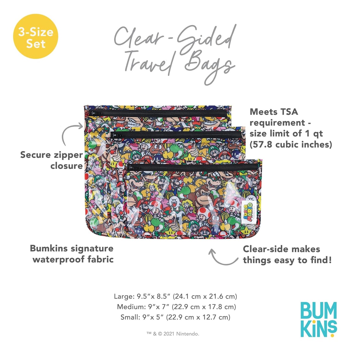 Bumkins Travel Bag, Toiletry, TSA Approved Pouch, Zip Bag, Quart Size Airline Compliant, Clear-Sided, Baby, Diaper Bag Organization, Makeup, Accessories, Packing, Set of 3 Sizes, Nintendo Super Mario