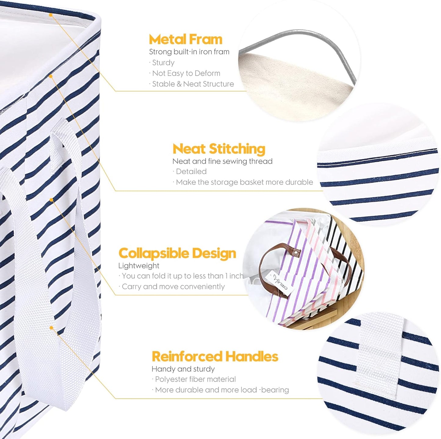 Hinwo 102L XXL Storage Bins, 4-Pack Closet Organizers and Storage, Foldable Clothes Storage Baskets with Handles, Containers for Clothing, Blanket, Comforters, Toys, Bedding (Navy Stripe)