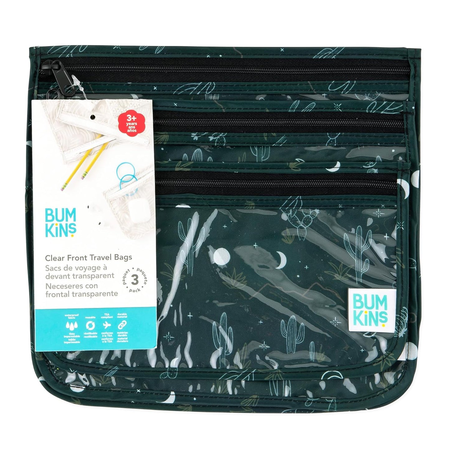 Bumkins Travel Bag, Toiletry, TSA Approved Packing Pouch, Zip Bag, Quart Size Airline Compliant, Clear-Sided, Set of 3 Sizes