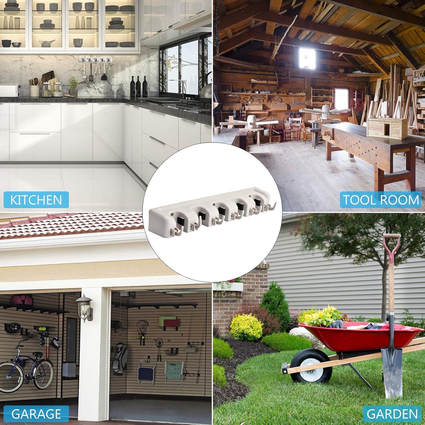 ONMIER 2 Pack Mop and Broom Holder wall mount Garage Organization Hanger Wall Mounted, Hanging Tool Organizer Storage Rack for Home Gard Yard Item - 5 Slots and 6 Hooks