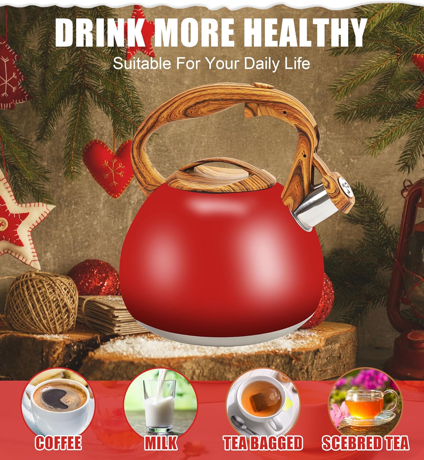 Festive Red Stovetop Whistling Tea Kettle 3.2 Quart - Stainless Steel with Wood Grain Handle, Loud Christmas Whistle for Boiling Water, Holiday Cocoa & Milk, Easy-Pour Spout Classic Design