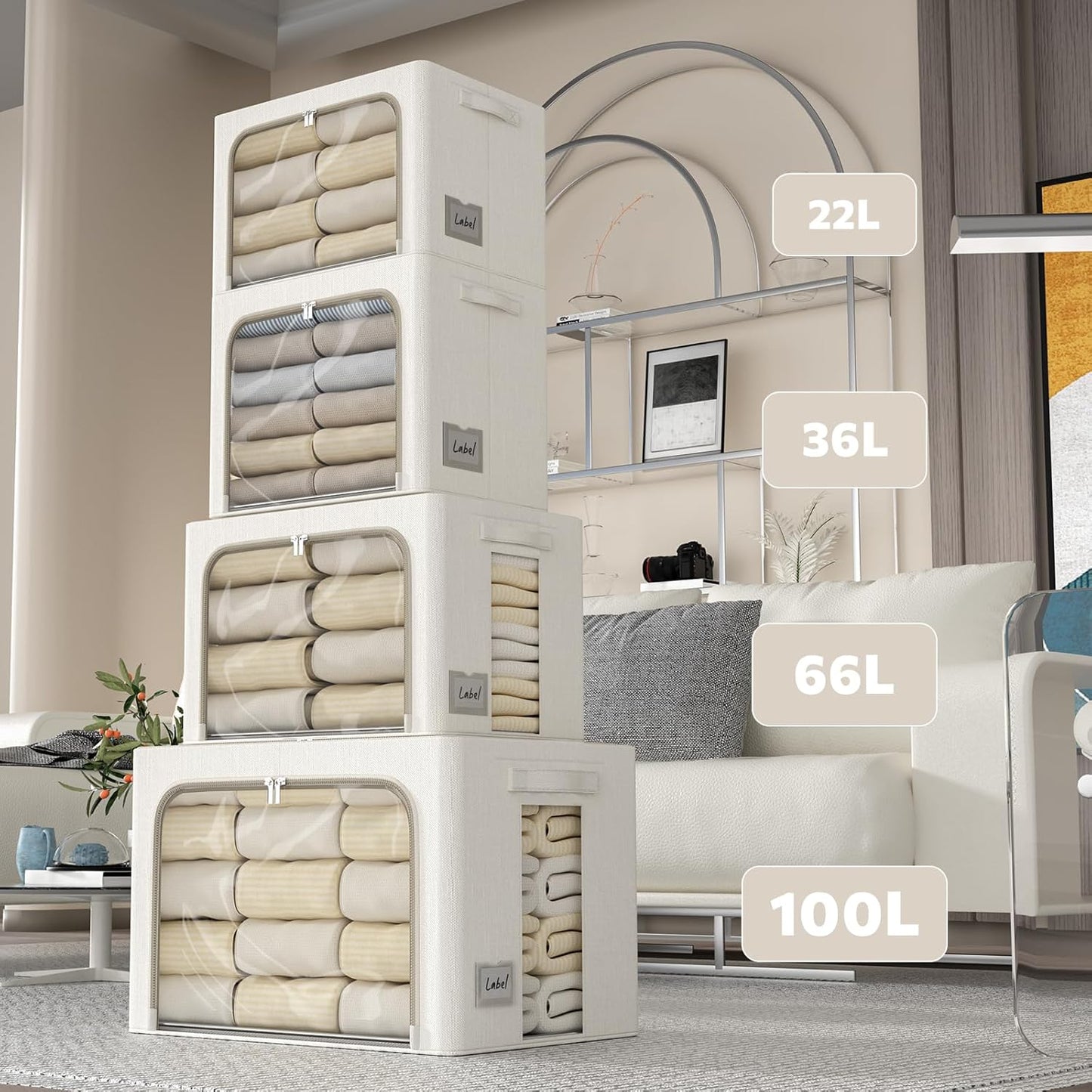 FHSQX 2 Pack Clear Window Storage Bins - Large Stackable Linen Fabric Storage for Clothes Foldable Container Organizer Set with Carrying Handles (Lvory White, 15.7x 11.8x 11.7 Inch)