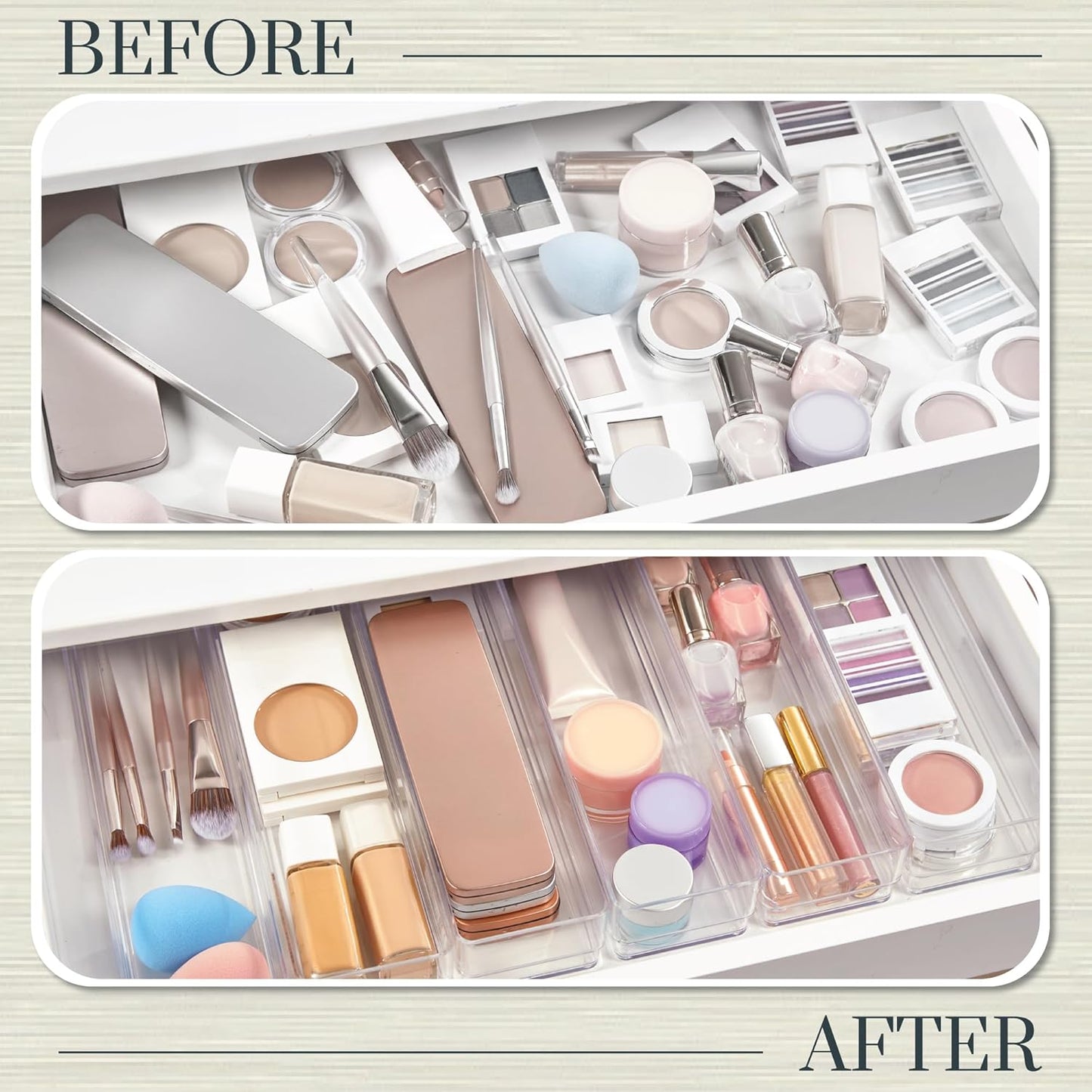 STORi SimpleSort 6-Piece Stackable Clear Drawer Organizer Set | 12" x 3" x 2" Rectangle Trays | Narrow Makeup Vanity Storage Bins and Office Desk Drawer Dividers | Made in USA