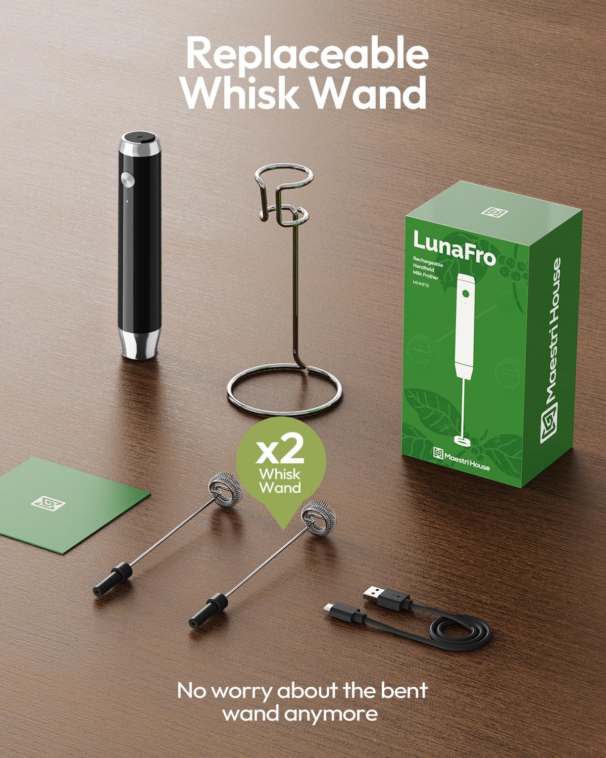 Maestri House Rechargeable Milk Frother with Stand, LunaFro Handheld Electric Foam Maker Waterproof Detachable Stainless Steel Whisk Drink Mixer Foamer for Lattes, Cappuccino