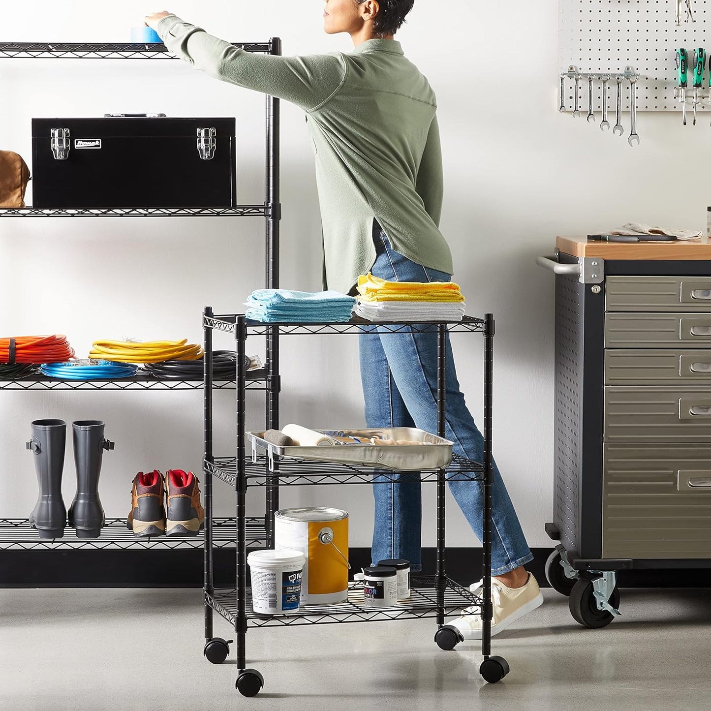 Amazon Basics 3-Shelf Adjustable, Heavy Duty Storage Shelving Unit on 2'' PP Plastic Wheel Casters, Metal Organizer Wire Rack, 23.2" L x 13.4" W x 32.75" H, Black