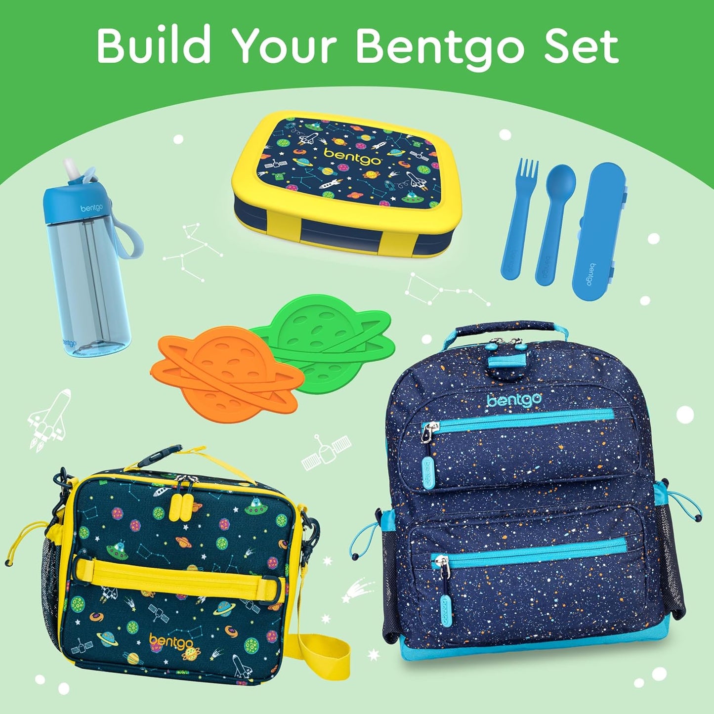 Bentgo Kids Prints Leak-Proof, 5-Compartment Bento-Style Kids Lunch Box - Ideal Portion Sizes for Ages 3-7, Durable, Drop-Proof, Dishwasher Safe, & PFAS & BPA-Free Materials (Space)