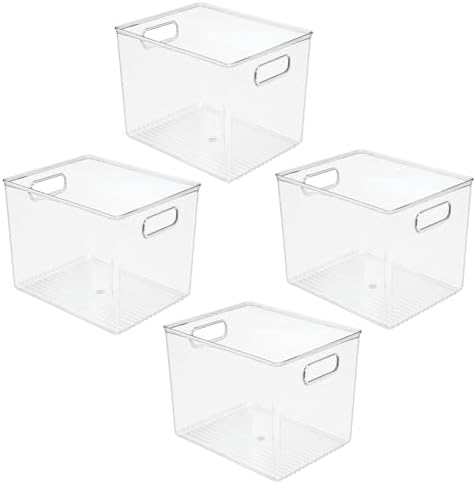 mDesign Plastic Storage Closet Organizer Bin, Container Bin for Entryway, Hallway, Linen, and Coat Closet - Organization for Clothing, Blankets, Toys, and Accessories, Ligne Collection, 4 Pack, Clear