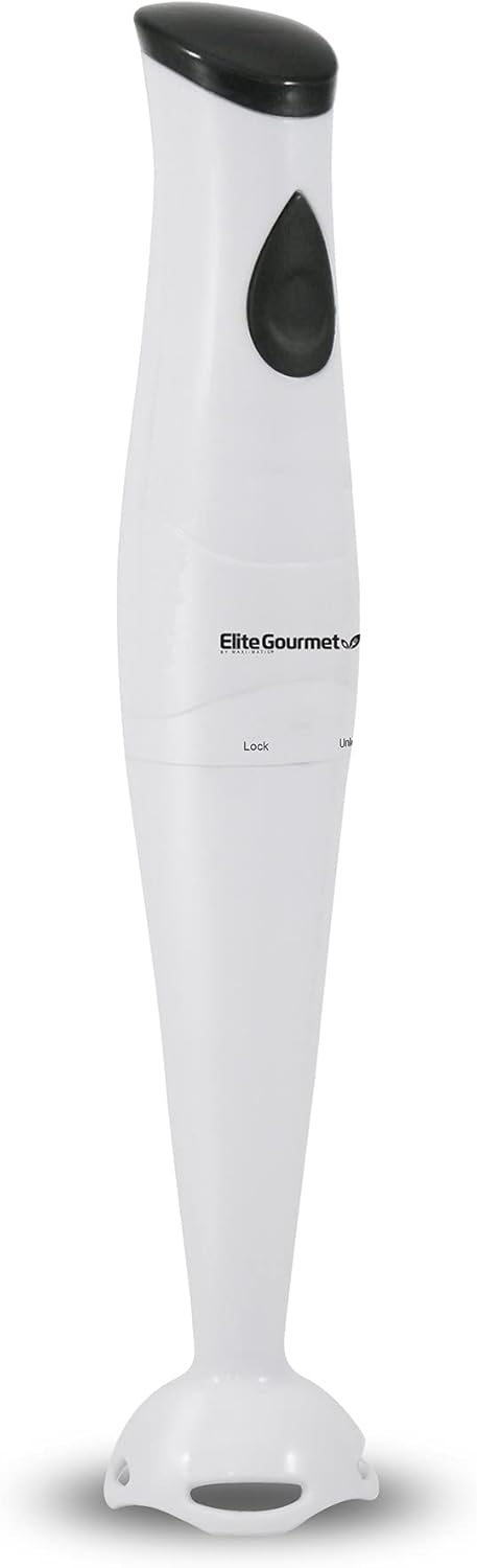 Elite Gourmet EHB2400W Electric Immersion Hand Blender, Mixer, Chopper, 1-Touch Control Multi Purpose Electric Immersion Stick, Mixer, Chopper, 150 Watts, For Soups, Sauces, Baby Food, White