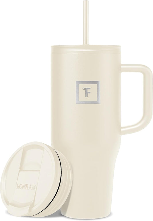 IRON °FLASK Co-Pilot Insulated Mug w/Straw & Flip Cap Lids - Cup Holder Bottle for Hot, Cold Drink - Leak-Proof - Water, Coffee Portable Travel Mug - Cashmere Cream, 32 Oz