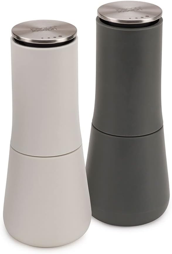 Joseph Joseph Milltop Non-Spill Salt and Pepper Mill 2-piece Set, Refillable with Ceramic Grinder, Adjustable Grinding Size, White/Dark Grey