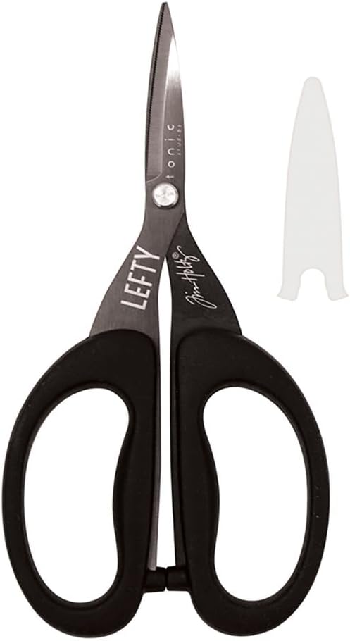 Tim Holtz Left Handed Scissors - 5 Inch Mini Snips with Micro Serrated Blade - Lefty Craft Tool for Cutting Paper, Fabric, and Sewing - Titanium with Black Comfort Grip Handles