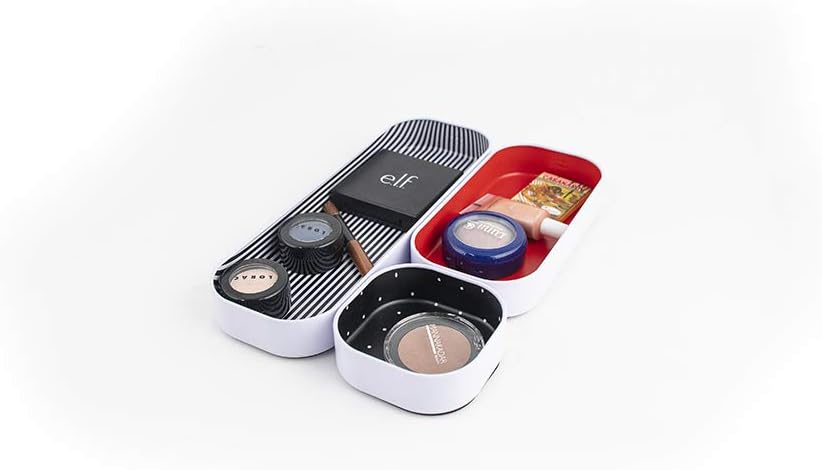 Three by Three Seattle 3 Piece Shallow Metal Organizer Tray Set for Storing Makeup, Stationery, Utensils, and More in Office Desk, Kitchen and Bathroom Drawers (1 Inch, Red Dots and Stripes)