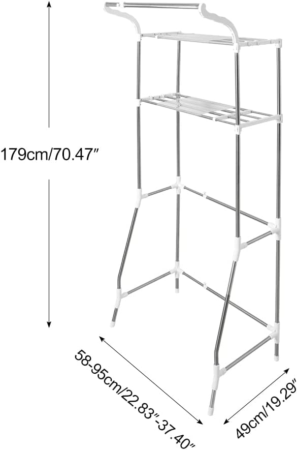BAOYOUNI 2-Tier Laundry Room Shelf Over Washing Machine Storage Utility Rack Above Toilet Washer Dryer Bathroom Organizer Width Adjustable Space Saving Shelving Units with Clothes Hanging Rod, White