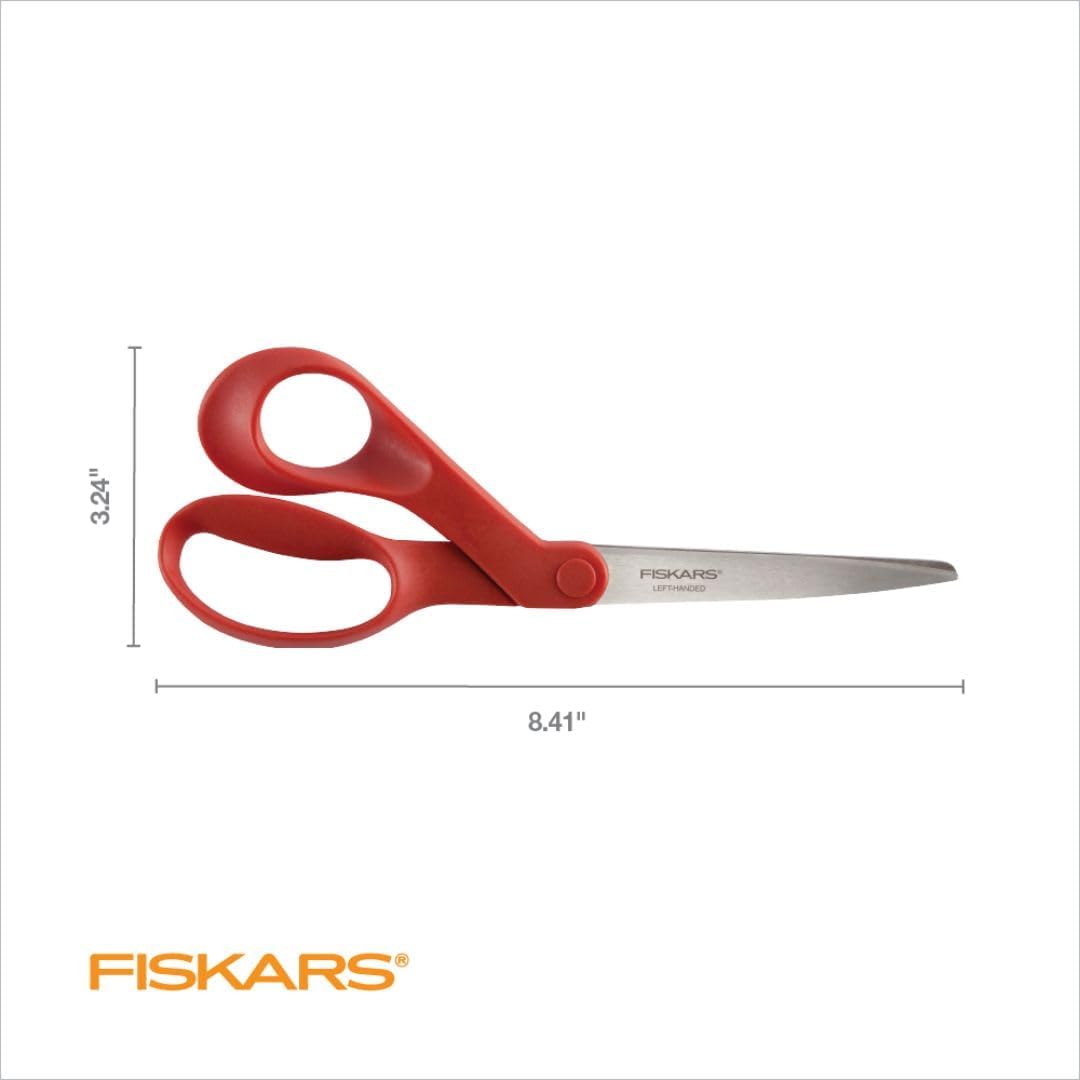 Fiskars All-Purpose Left-Handed Scissors, Gifts for Mom, Ergonomically Contoured, Stainless Steel, 8", Red