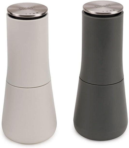 Joseph Joseph Milltop Non-Spill Salt and Pepper Mill 2-piece Set, Refillable with Ceramic Grinder, Adjustable Grinding Size, White/Dark Grey