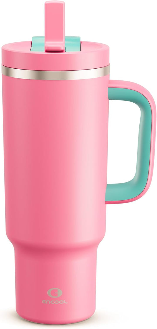 40 oz Tumbler with Handle and Straw: Stainless Steel Insulated Tumbler Keeps Cold for 24 Hours, Leakproof Travel Cup Fits in Cup Holder and BPA-Free,Tulip