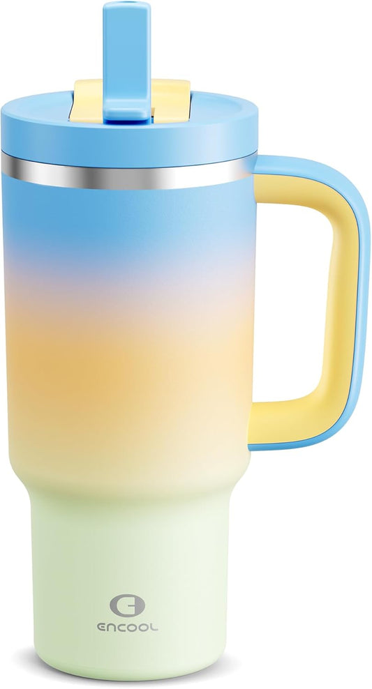 ENCOOL 32 oz Tumbler with Handle and Straw: Stainless Steel Insulated Tumbler Keeps Cold for 24 Hours, Leakproof Travel Cup Fits in Cup Holder and BPA-Free, Sunny Breeze