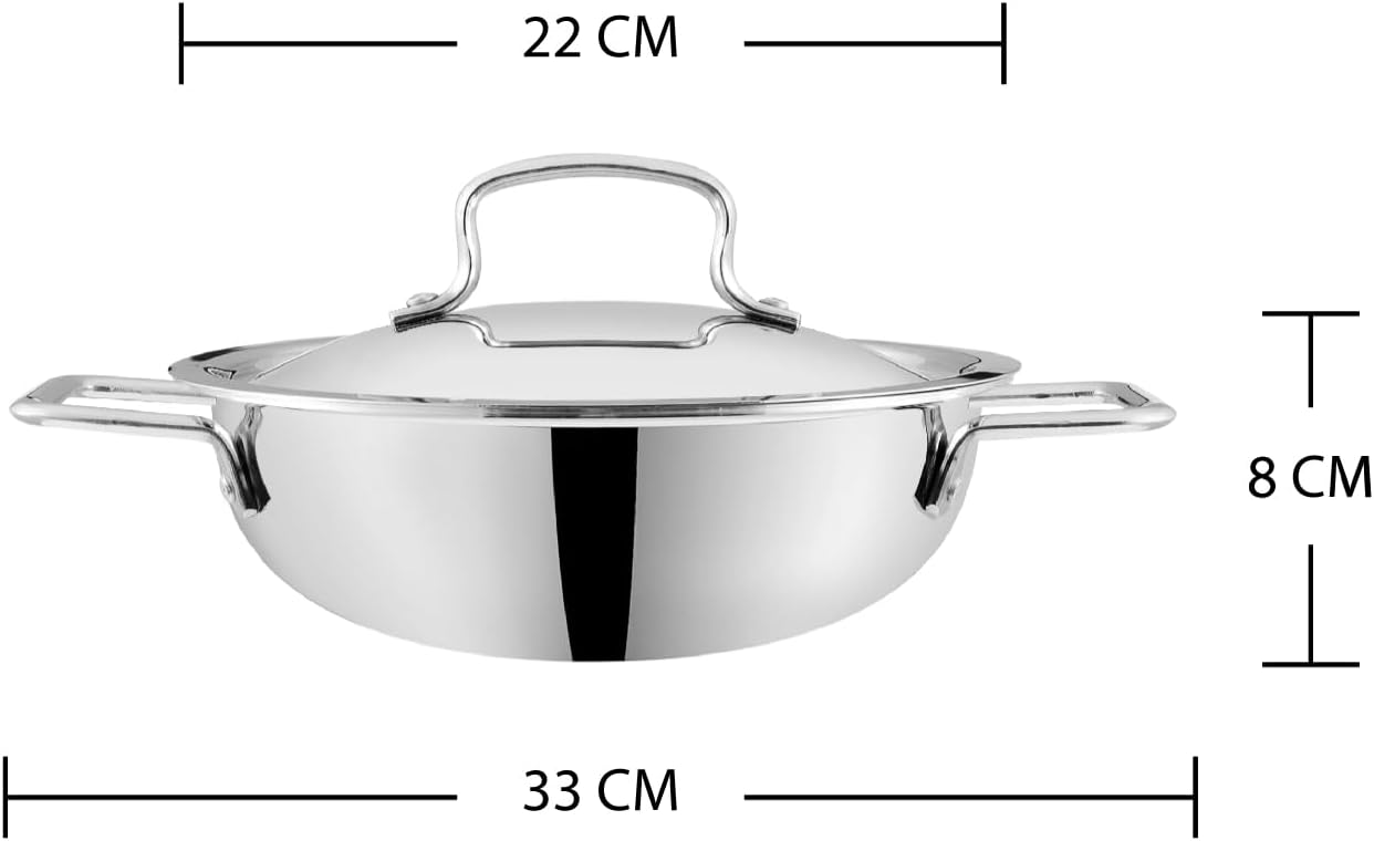 Vinod Platinum Triply Stainless Steel Kadai | Suitable For Indian Cooking, Sauces, Stews, Soups | Extra Deep, Induction, Electric Friendly (22cm)