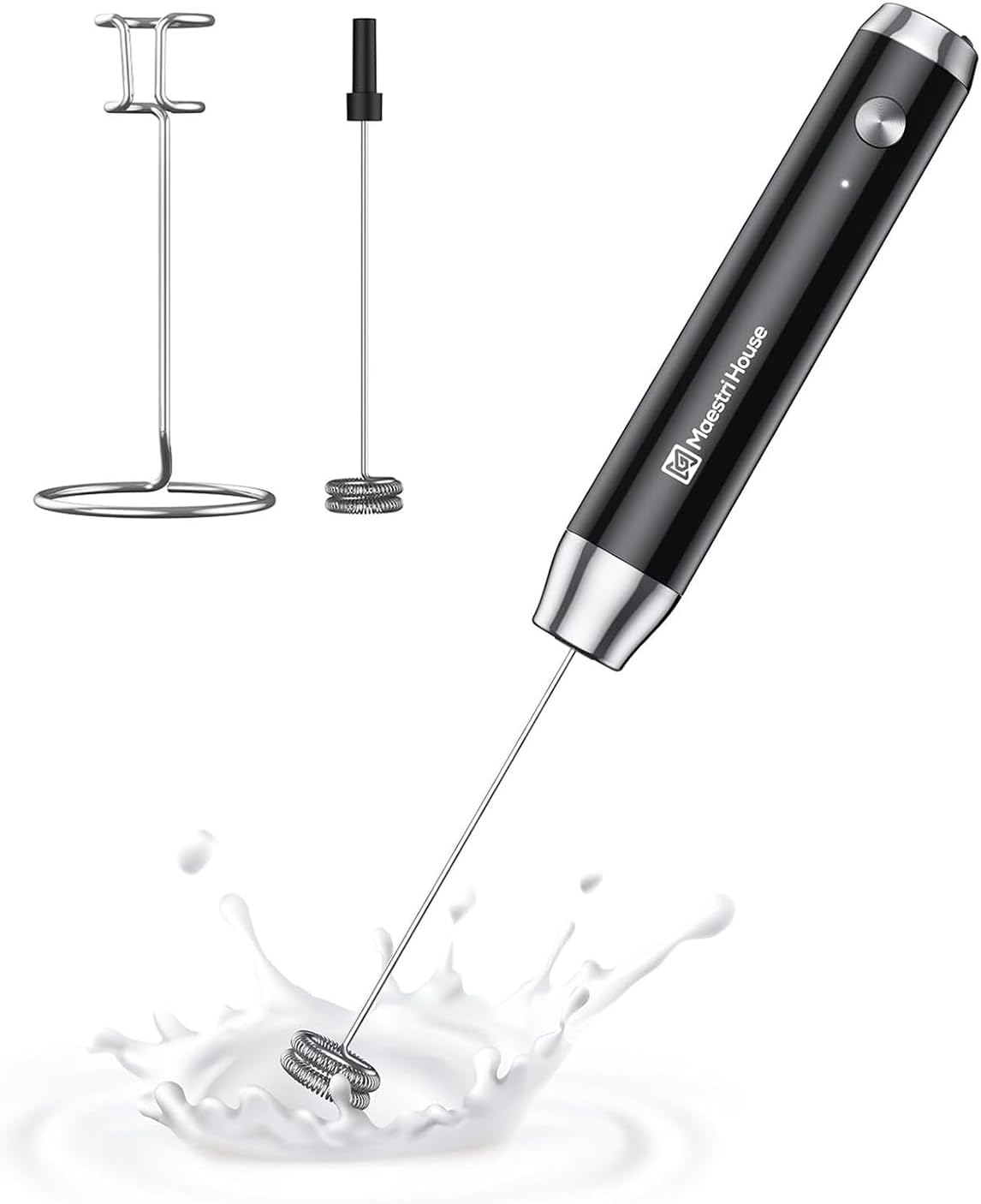 Maestri House Rechargeable Milk Frother with Stand, LunaFro Handheld Electric Foam Maker Waterproof Detachable Stainless Steel Whisk Drink Mixer Foamer for Lattes, Cappuccino