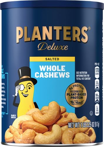 PLANTERS Deluxe Salted Whole Cashews, Party Snacks, Plant-Based Protein, Quick Snack for Adults, After School Snack, Roasted Cashew Flavored with Sea Salt, Bulk Nuts, Kosher, 1 lb 2.25oz Canister