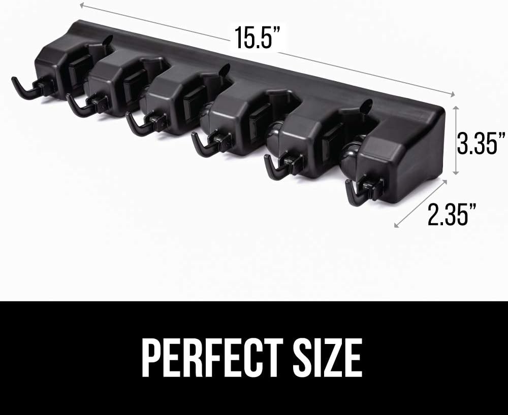 GORILLA GRIP Wall Mount Hook Fixture, Also Includes Slots to Hold Mop, Broom, Tools, Easy Install, Organize Cleaners, Tools, Home, Kitchen, Garage, 6 Hooks 5 Slots, Black