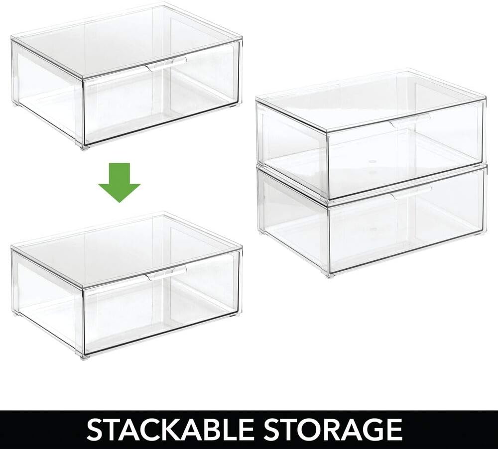 mDesign Plastic Stackable Closet Storage Organizer Bin Containers with Front Pull Drawer for Cabinet, Desk, Shelf, Cupboard, or Dresser Organization - Lumiere Collection - Clear
