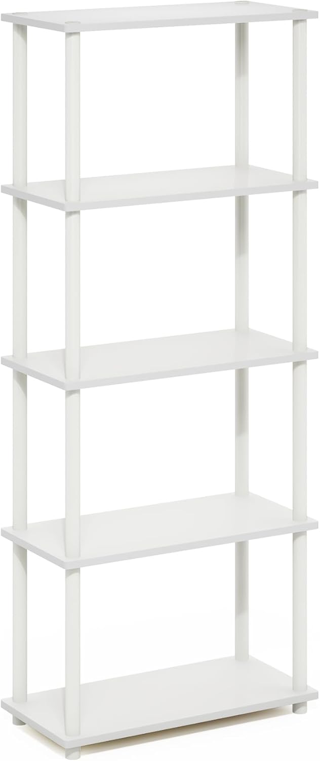 Furinno TURN-N-TUBE Storage Shelves, 5-Tier Book Shelf, Corner Shelf, Toolless Open Shelves, for Organization and Storage, Living Room, Garage, Home Office, White