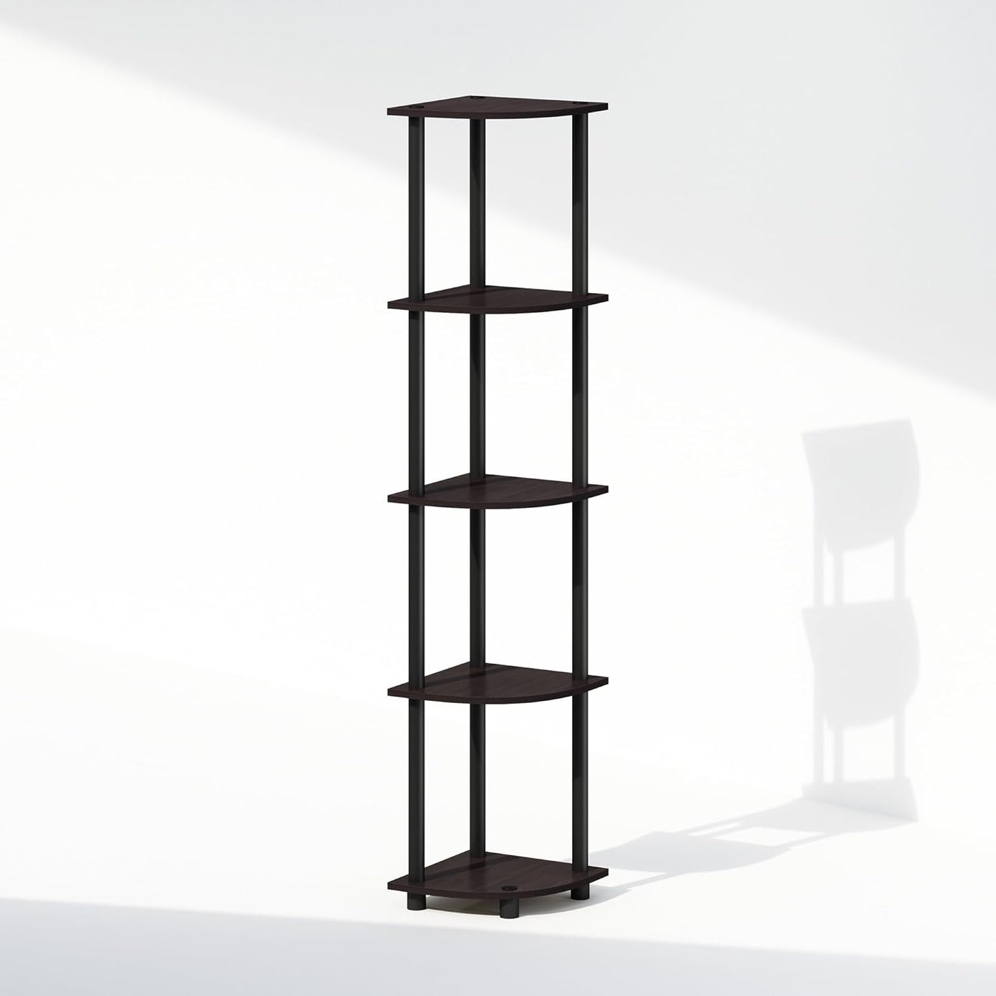 Furinno Turn-N-Tube Corner Shelf, 5-Tier Corner Display Rack, Shelving Unit, for Organization and Storage, Living Room, Home Office, Garage, Bedroom, Dark Walnut