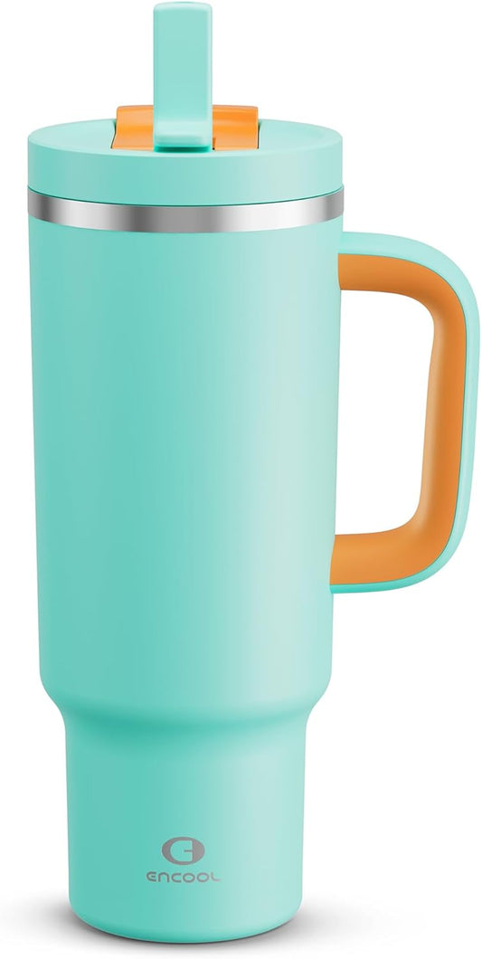 40 oz Tumbler with Handle and Straw: Stainless Steel Insulated Tumbler Keeps Cold for 24 Hours, Leakproof Travel Cup Fits in Cup Holder and BPA-Free,Soft Cyan