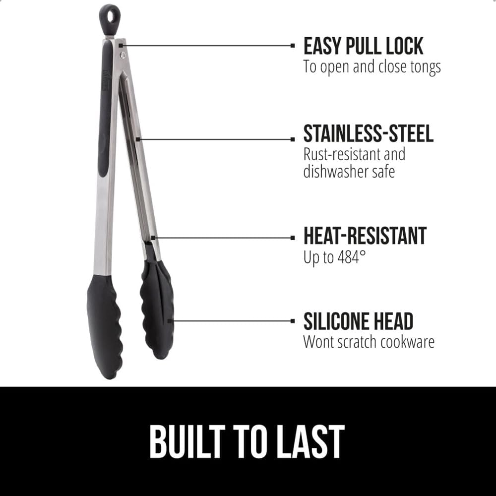 GORILLA GRIP Stainless Steel Heat Resistant Kitchen Tongs for Cooking, 7 + 12 Inch Set of 2 BBQ Tong, Non Scratch Silicone Tip for Pan, Strong Grip, Grab Food, Toss Salad, Air Fryer, Pull Lock, Black