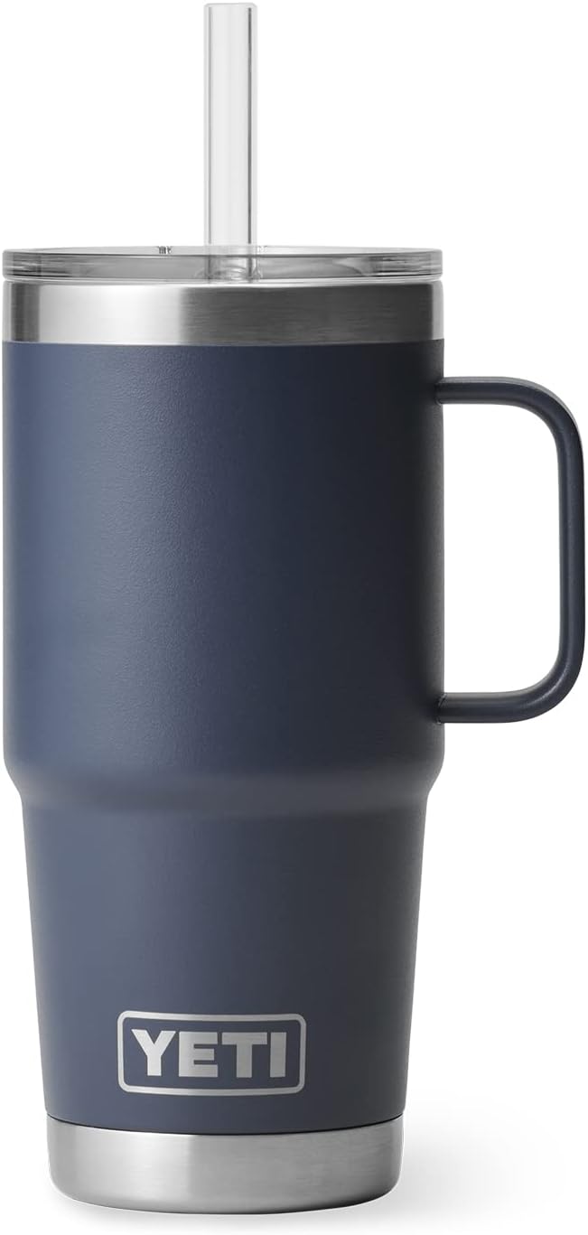 YETI Rambler 25 oz Tumbler with Handle and Straw Lid, Travel Mug Water Tumbler, Vacuum Insulated Cup with Handle, Stainless Steel, Navy