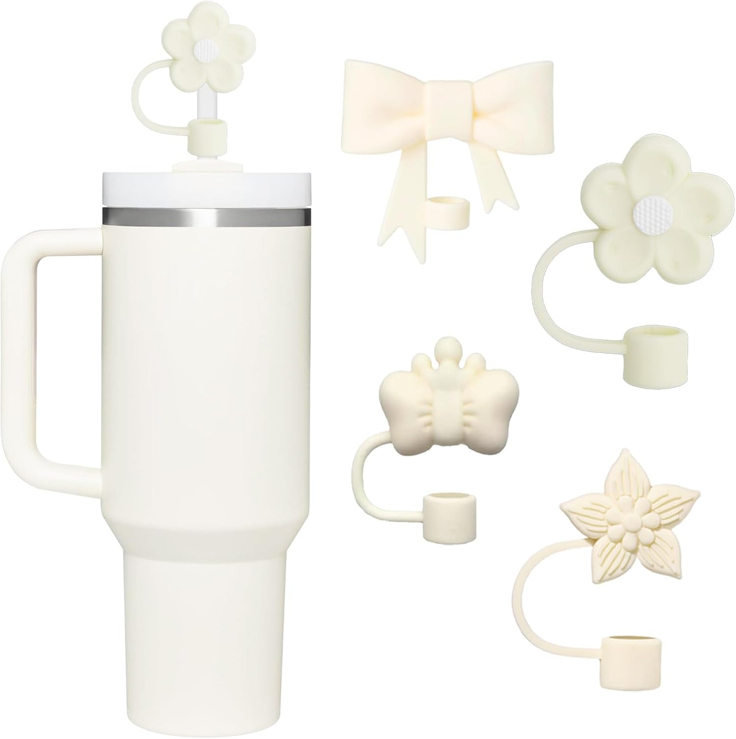 4 Pcs 0.4in Straw Cover for Stanley Cup, Silicone Straw Topper Set for 30&40oz Stanley Tumbler, Fit for 10mm/0.4in Straws (Cream)