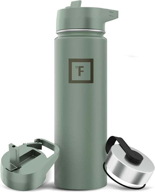 IRON °FLASK Camping & Hiking Hydration Flask with Straw, Wide Mouth Insulated Stainless Steel Sports Water Bottle - 22 oz Sage