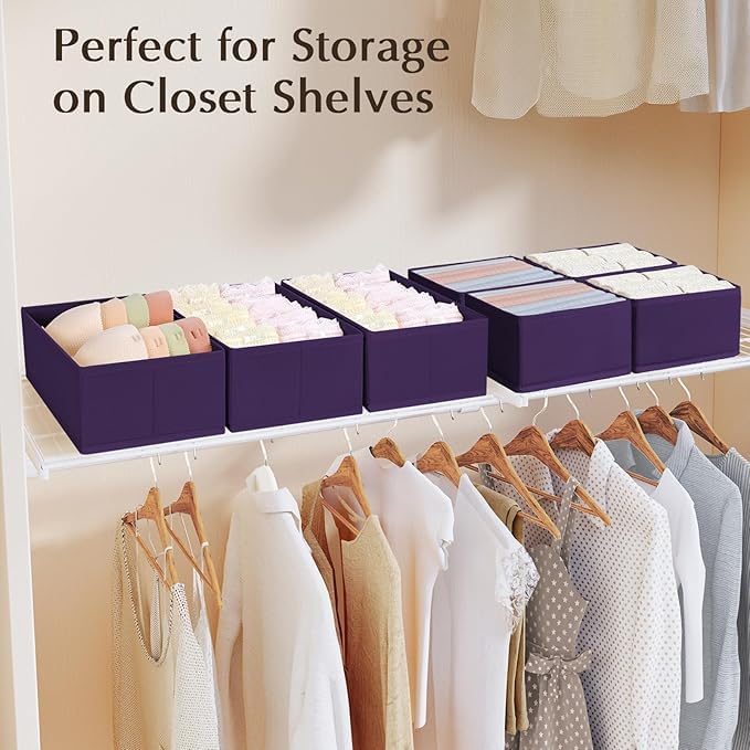 DIMJ Drawer Organizers Clothes, Set of 12 Dresser Organizer Bins, Fabric Closet Organizers and Storage, Shallow Drawer Dividers for Nursery, Clothing, Baby Clothes, Socks, Underwears, Tie (Purple)