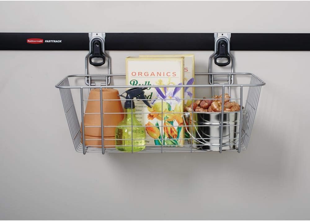 Rubbermaid Garage FastTrack Wire Mesh Basket Wall Mounted Storage System Holds up to 50 pounds Satin Nickel for Tool/Toy/Sports Equipment