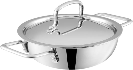 Vinod Platinum Triply Stainless Steel Kadai | Suitable For Indian Cooking, Sauces, Stews, Soups | Induction, Electric Friendly (18cm Extra Deep)