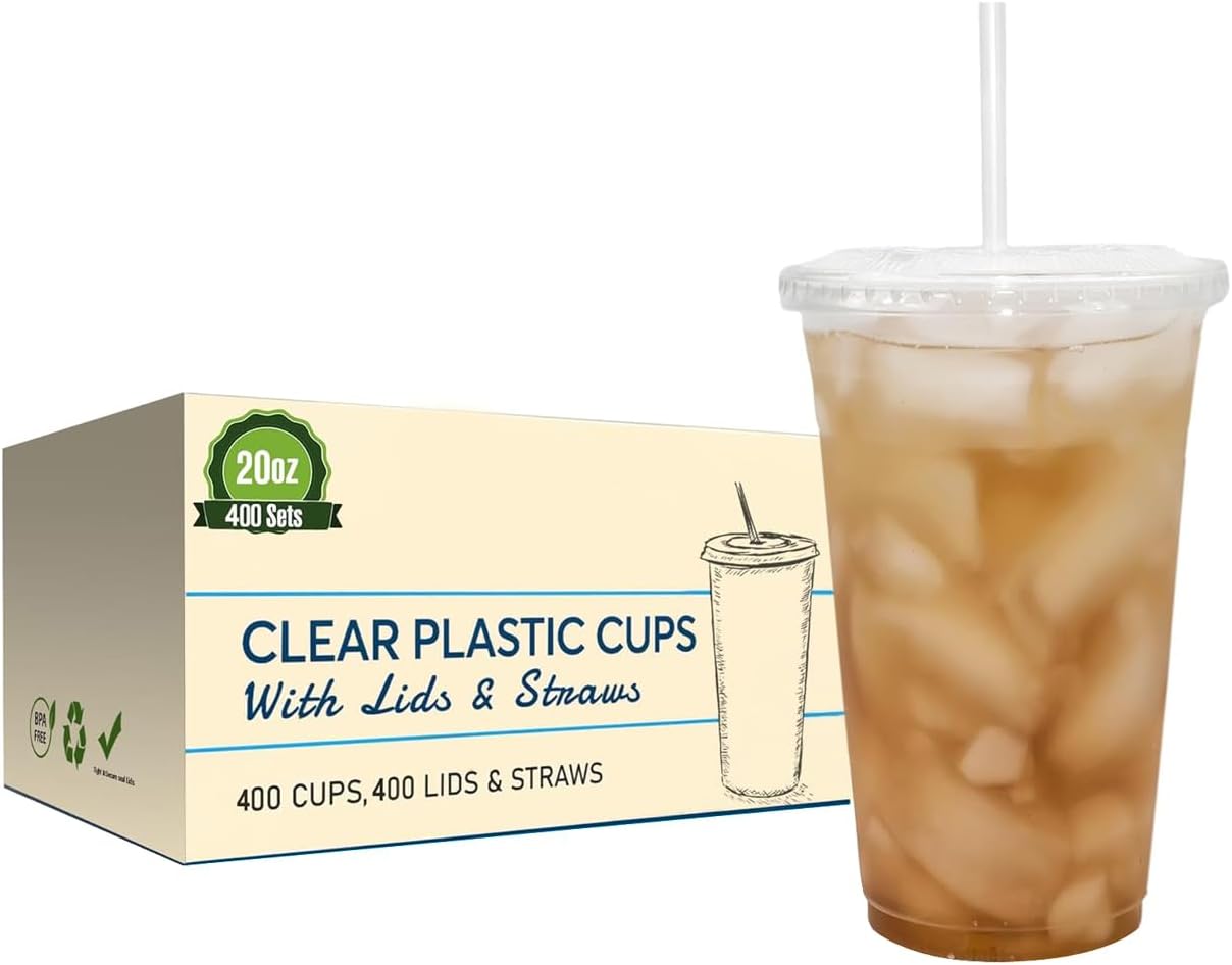 SafeWare Disposable 20oz Clear Plastic Cups with Flat Lids and Straws 400 Sets (4 box of 100)